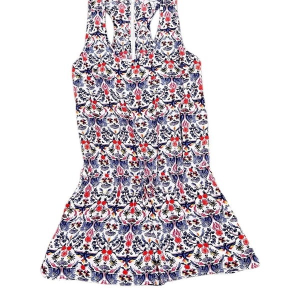 Joie 100% silk bird blue red print Sleeveless romper tie elastic waist sz small - Picture 1 of 9